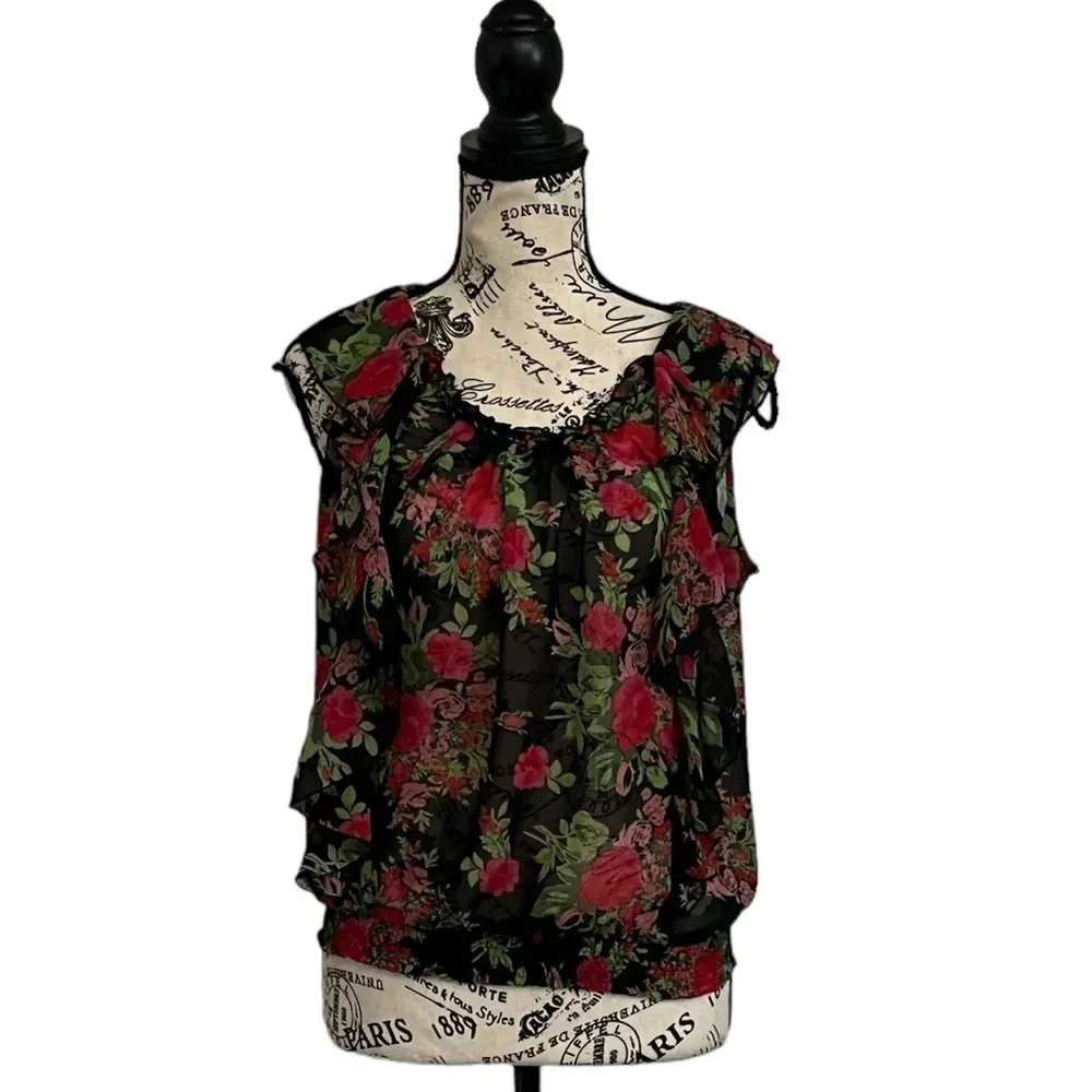 Suzy Shier Black Rose Sheer Ruffle Blouse Women’s Small Flutter Sleeve Romantic - Image 2