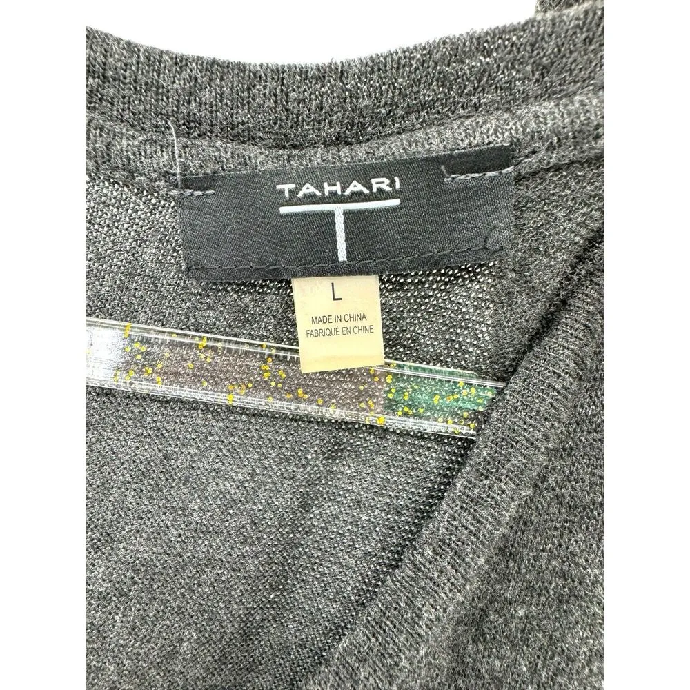 T Tahari Blouson Sleeve Tiered Visoce Blend Midi Dress Knit Charcoal‎ Gray Large - Image 4