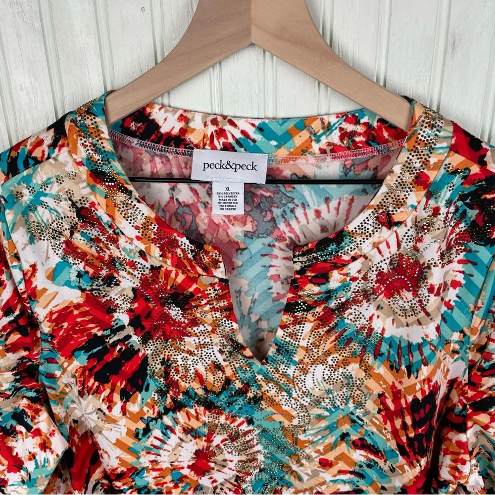 Peck & Peck V-neck Embellished Tunic Top Colorful Kaleidoscope Print Size XL - Image 3