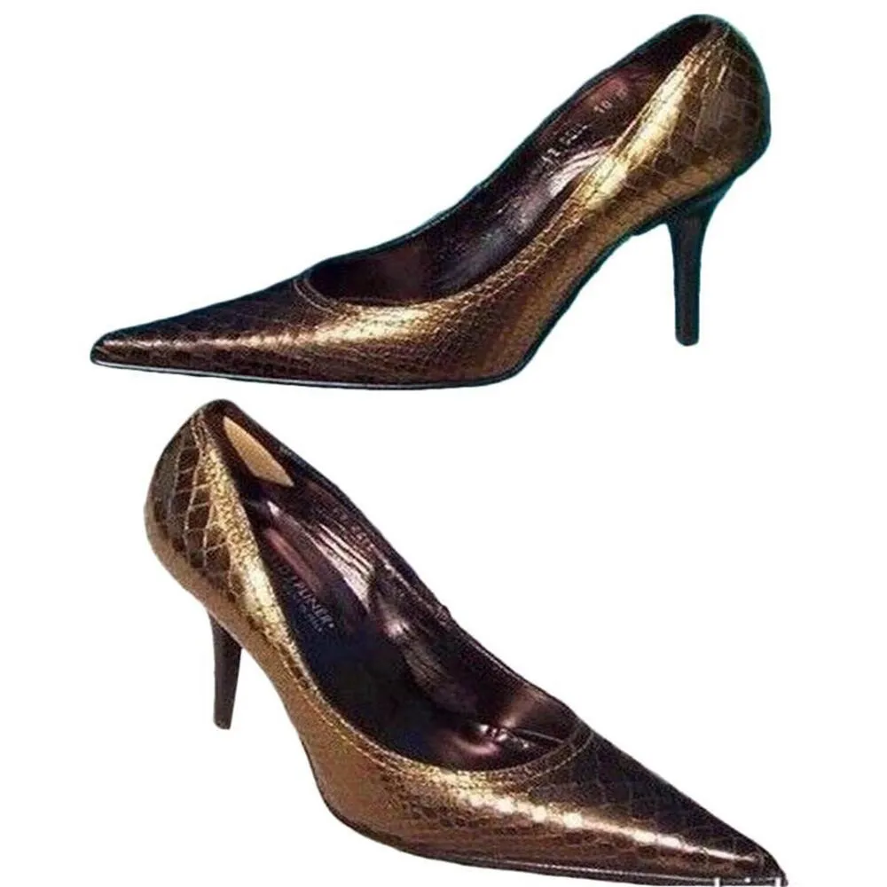 Donald Pliner Bronze Metallic Gator Leather Shoe New Pointy Toe Pump NWT $295 Brown Size 7.5 - Image 2