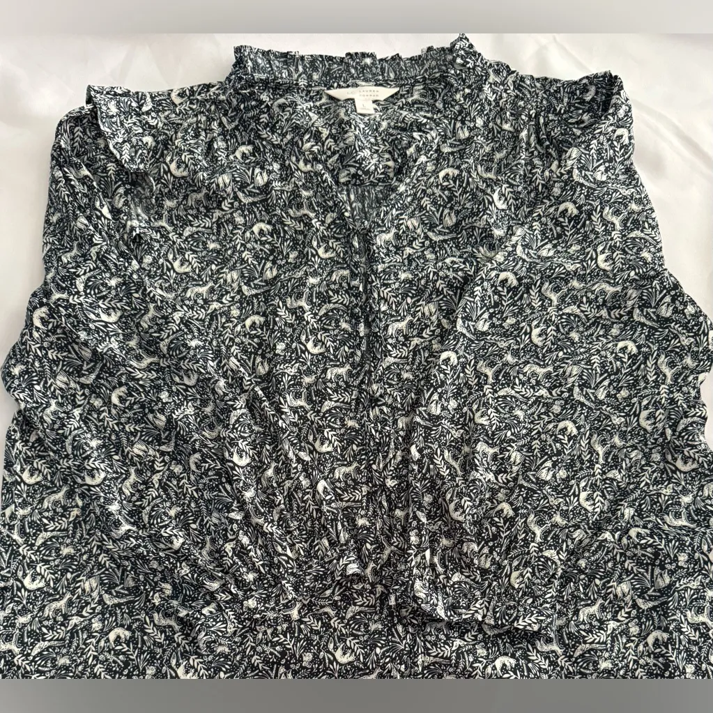 Lauren Conrad Blue Blouse Top Sz L Fox Forest Animals Woodland Boho Ruffles - Image 8