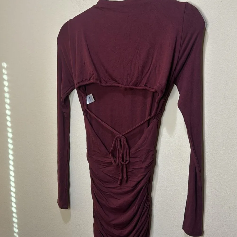naked wardrobe Ruched Long Sleeve Open Back Mini Dress - Wine Size S - Image 6