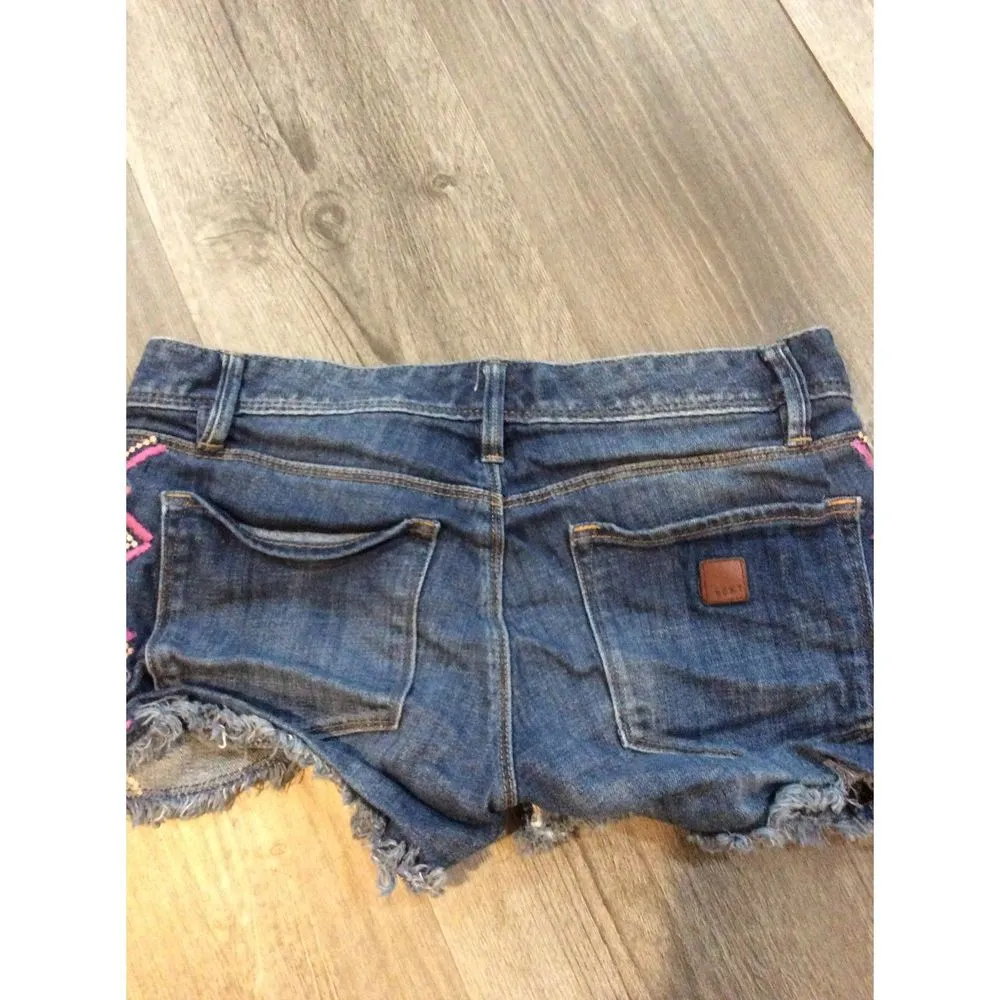 Roxy Jean Shorts 25 Jr Women Blue Cutoff Raw Hem Embroidered Aztec Stretch Denim - Image 2