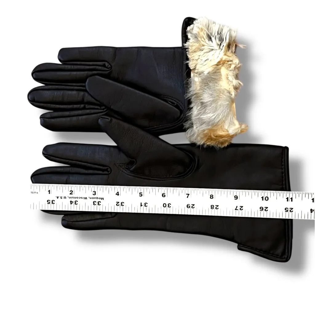 Vintage GLOVES Size B Black Faux Leather Fourchettes Faux Fur Lined Cuff 70s - Image 6