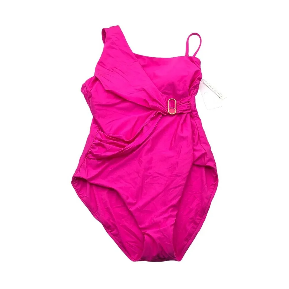Trina Turk Monaco Asymmetrical One-Shoulder Pink Ruched Swimsuit Size 4 - Image 5