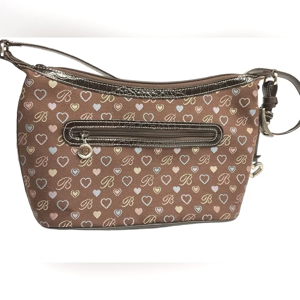 Brighton Satchel Purse Hearts Brown Jacquard‎ Fabric Leather Moc Croc Trim - Image 3