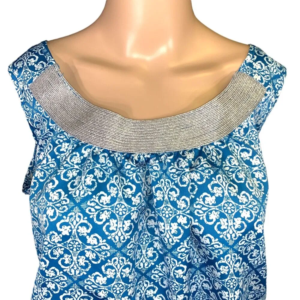 GAP Womens Blouse Top Silver Collared Sleeveless Pullover Teal White Medium - Image 2