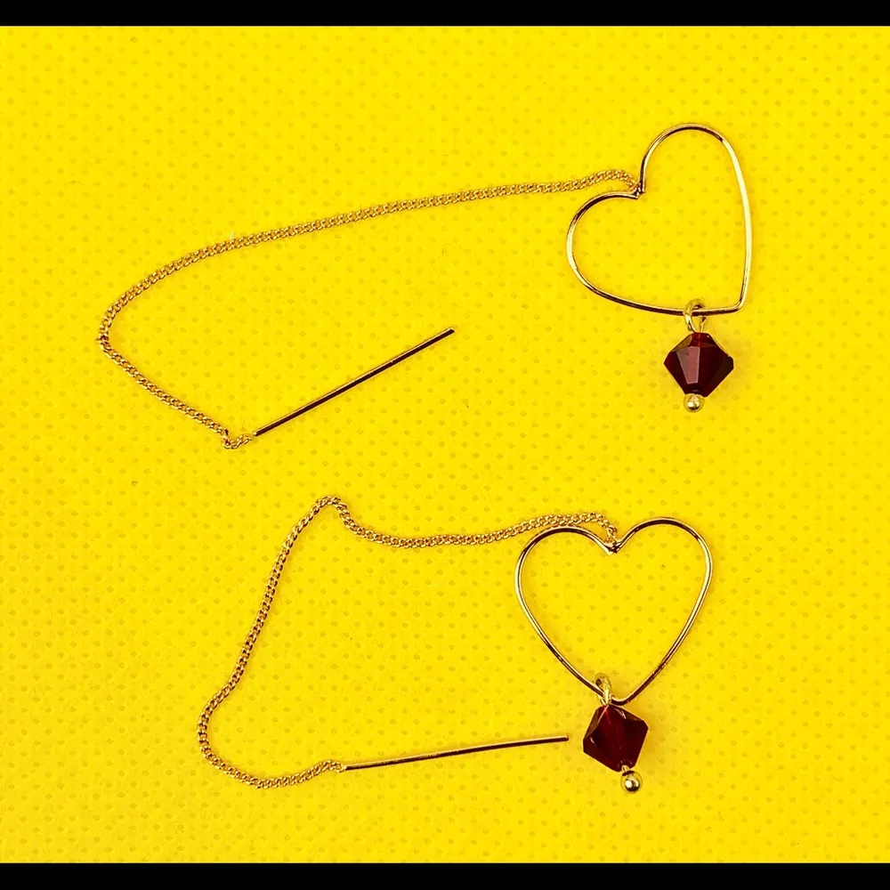 Handmade Floating Heart Red Beaded Threader Earrings - Image 2