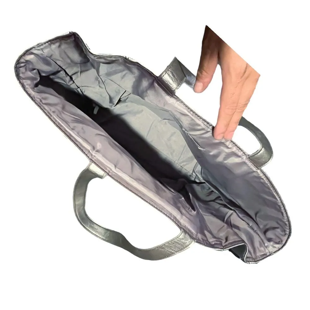 NEIMAN MARCUS Large Silver Tote Dual Handle Expandable Zippers Bucket Lined - Image 6