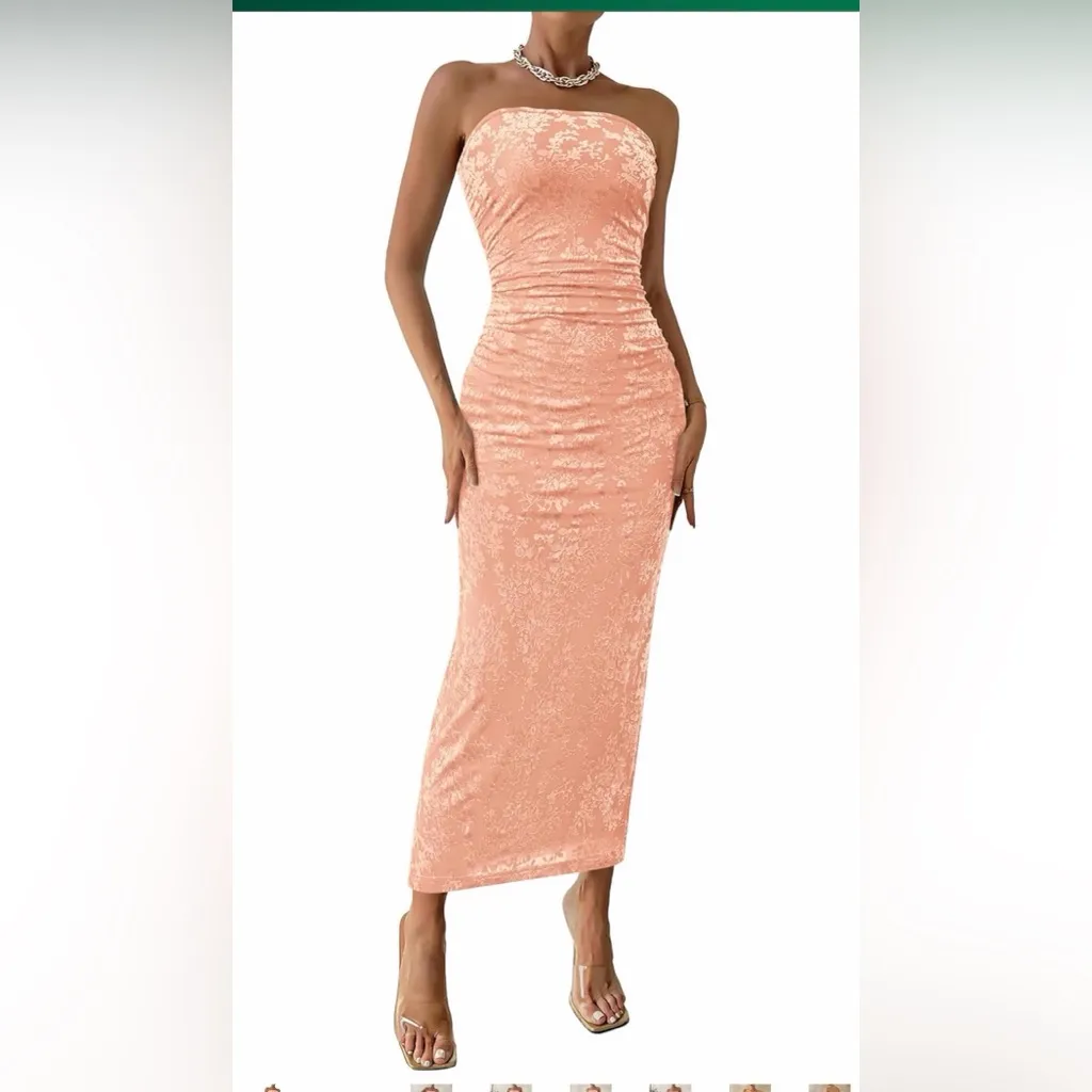 NEW Velvet Maxi Tube Strapless Side Slit Floral Bodycon Cocktail Dress L Orange Size L - Image 3