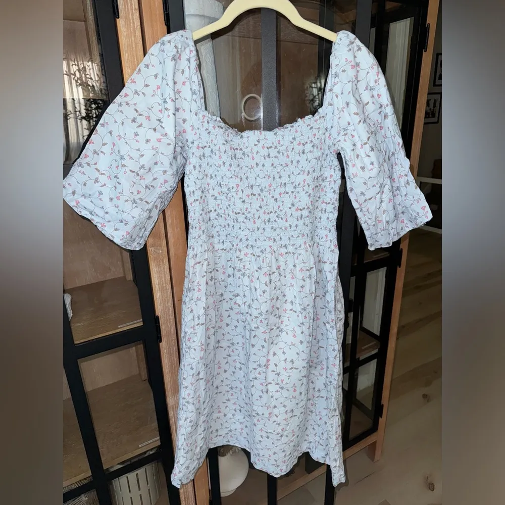 Hope & Henry Smocked floral dress short Sleeve Organic hill house cotton pockets Blue Size 6 - Image 2