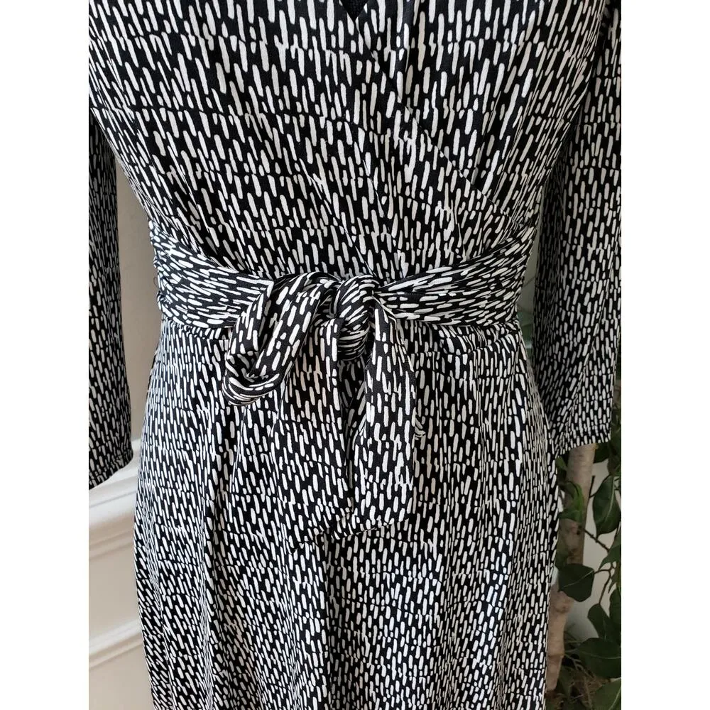 Black Label Wrap Dress Women's 6 Black White Geo Print Long Sleeve Waist Belted - Image 7