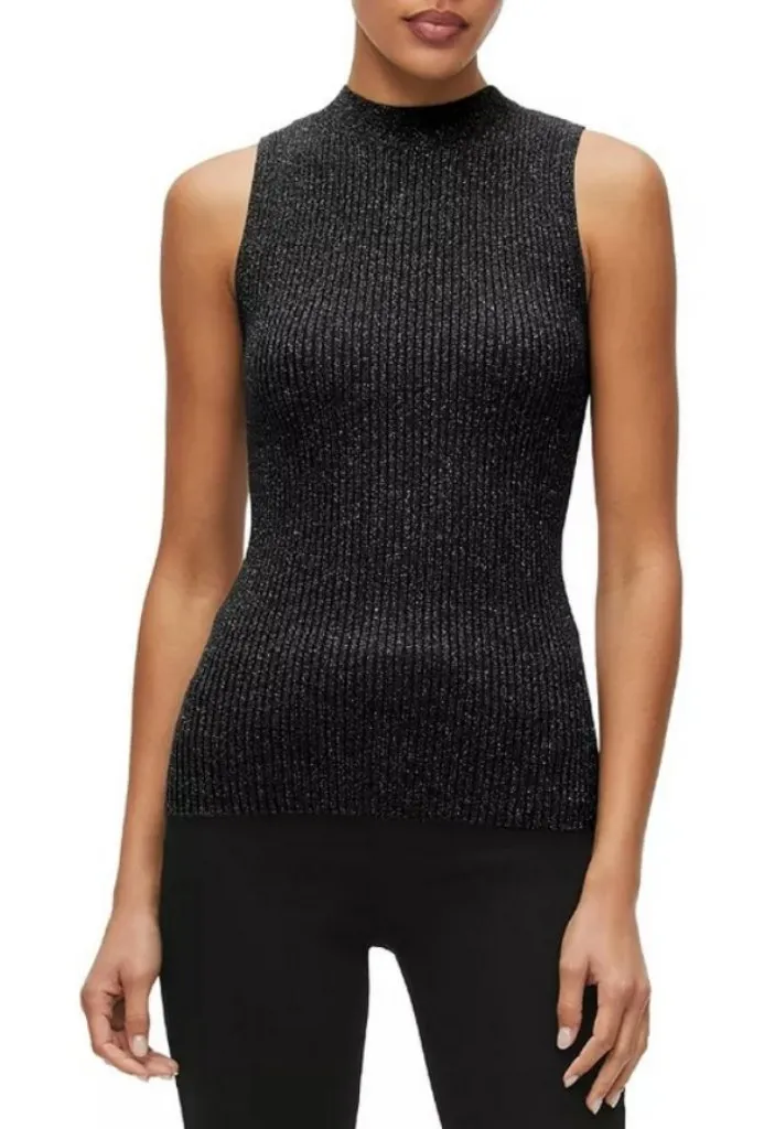 đź’•MICHAEL STARSđź’• Kara Shimmer Ribbed Top ~ Mock Neck Shell Top Black Small NWOT - Image 1