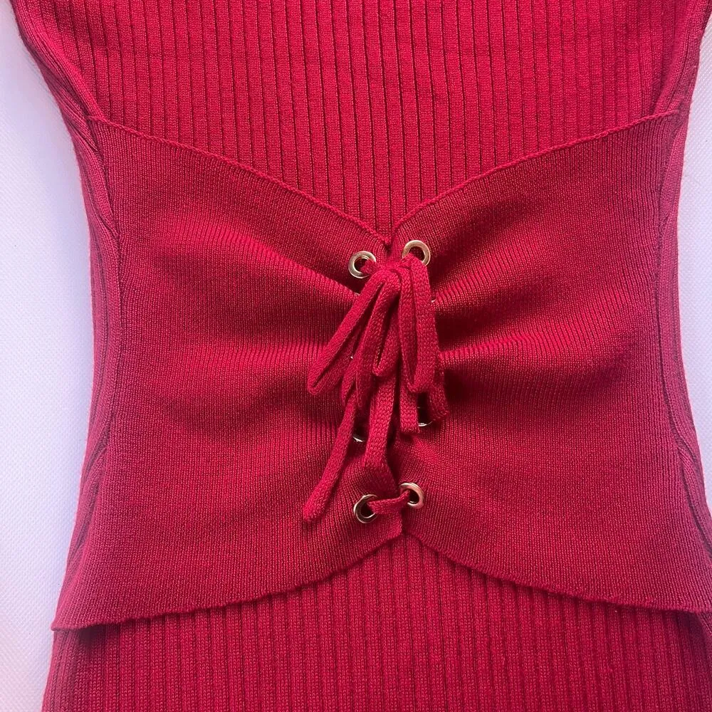 Vintage Y2K SAY WHAT Long Sleeve Sweater Dress Sz S Red Bodycon Corset Holiday - Image 9