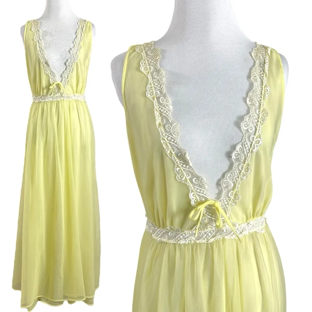 Vintage 70s Yellow Mesh & Lace Plunge Maxi Dress Medium Fairy Coquette Sheer - Image 2