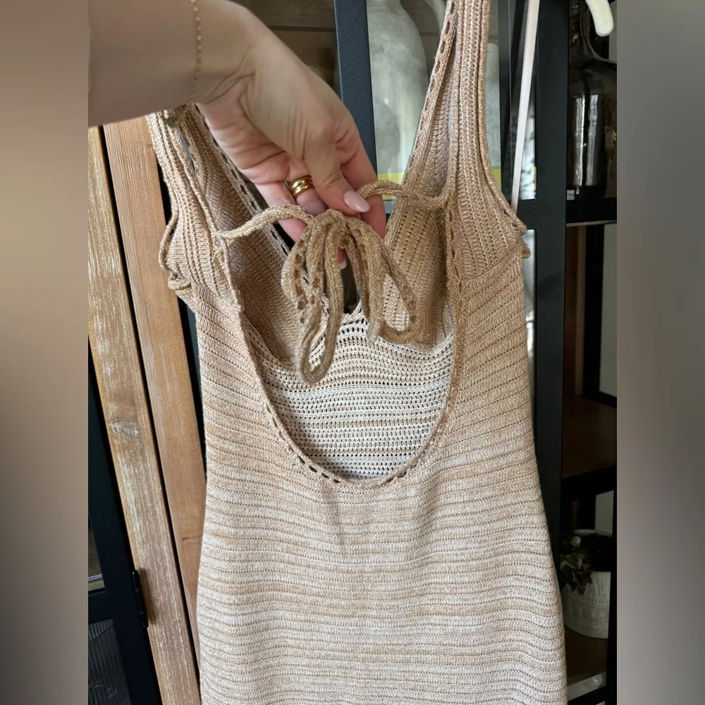 Torn by Ronny Kobo Madi Crochet Dress beige sand maxi resort vneck open back - Image 6