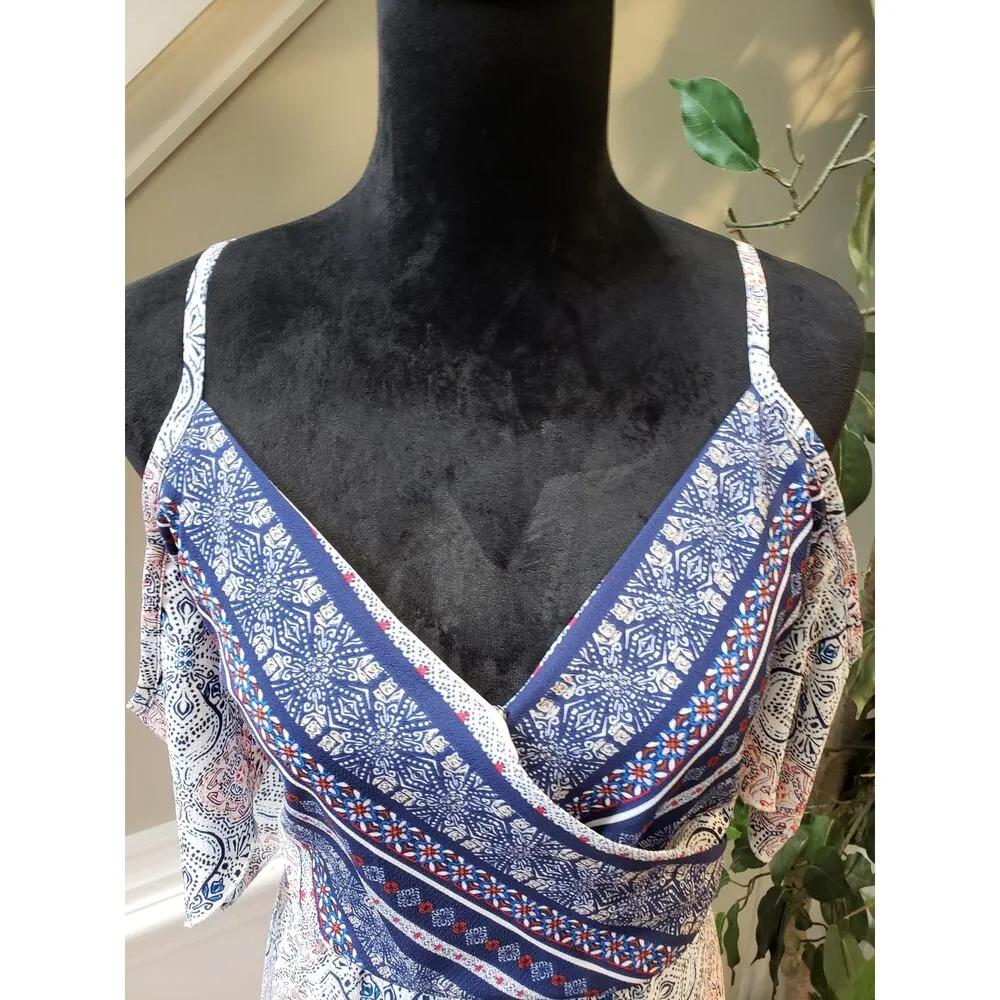 Maurices Dress Women Size X-L Blue Pink Boho Cold Shoulder Wrap Midi Belted - Image 7