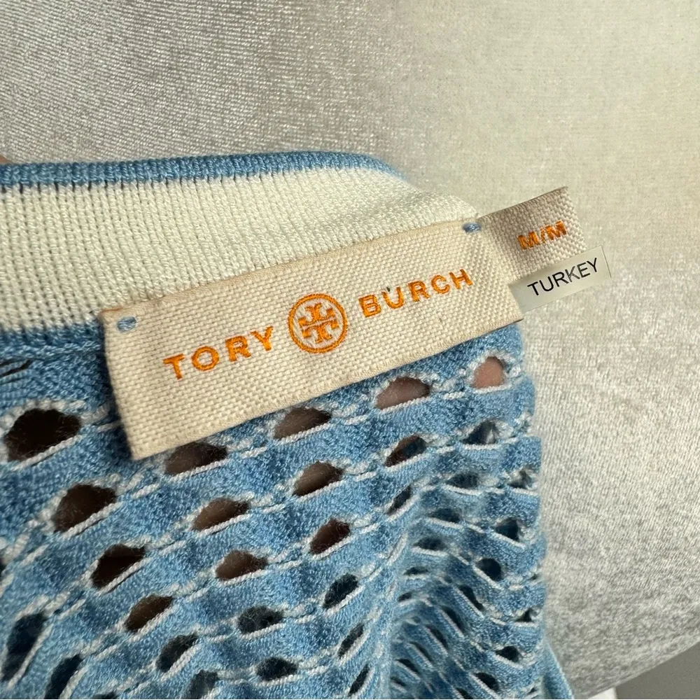 Tory Burch Honeycomb Open Knit Long Sleeve Pullover Sweater Light Blue Medium M - Image 10