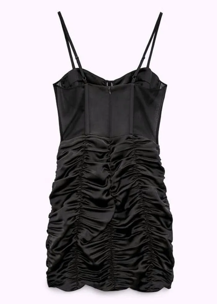 Zara COMBINATION SEMI-SHEER V-NECK MINI GATHERED DETAIL DRESS W/CORSET BLACK NEW - Image 10