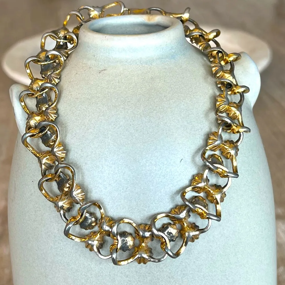 VINTAGE NECKLACE CHOKER flowers rhinestones cream gold colors Tan - Image 3