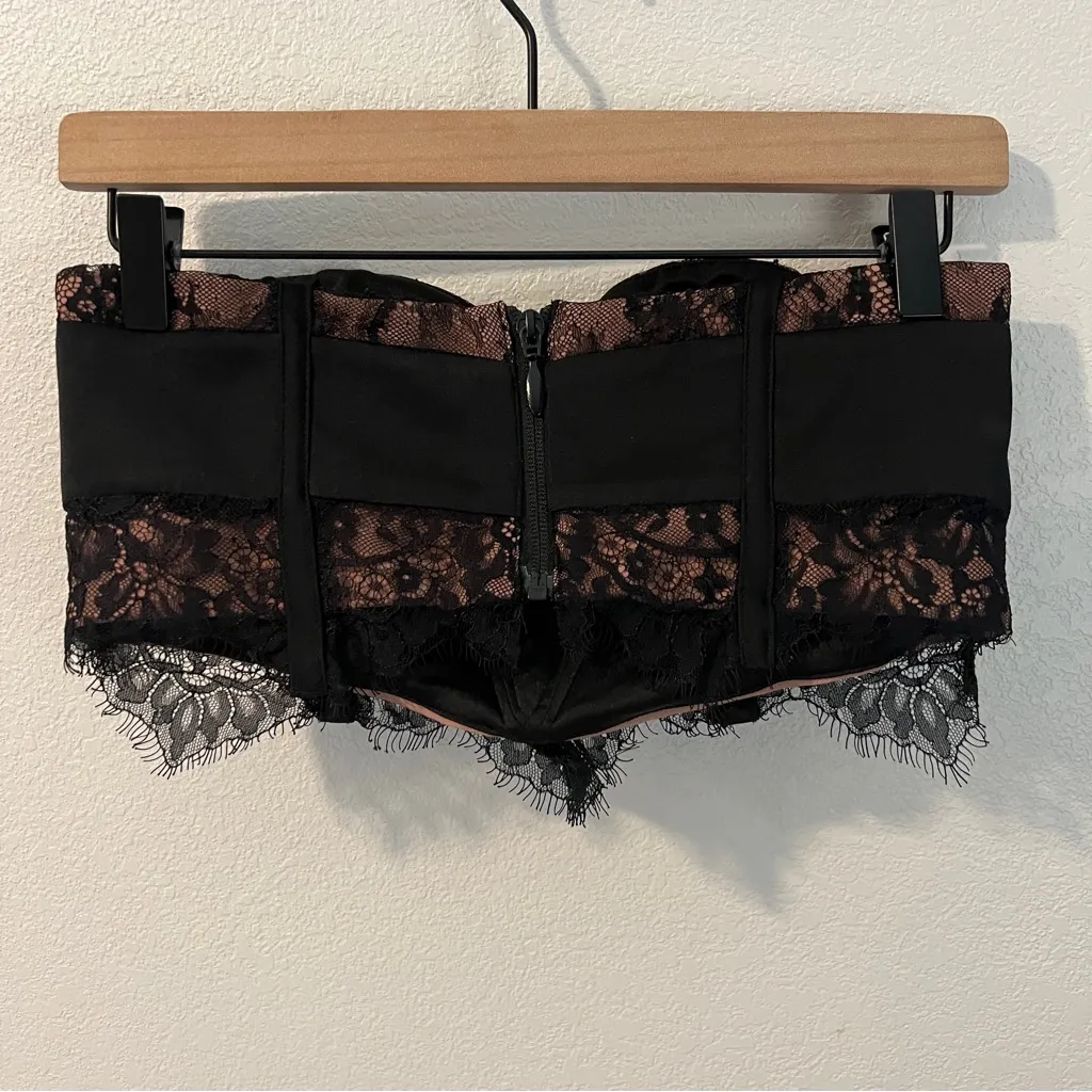 Mistress Rocks LA Black Tan‎ Lace Satin Sleeveless Cropped Bustier Top Size M - Image 2