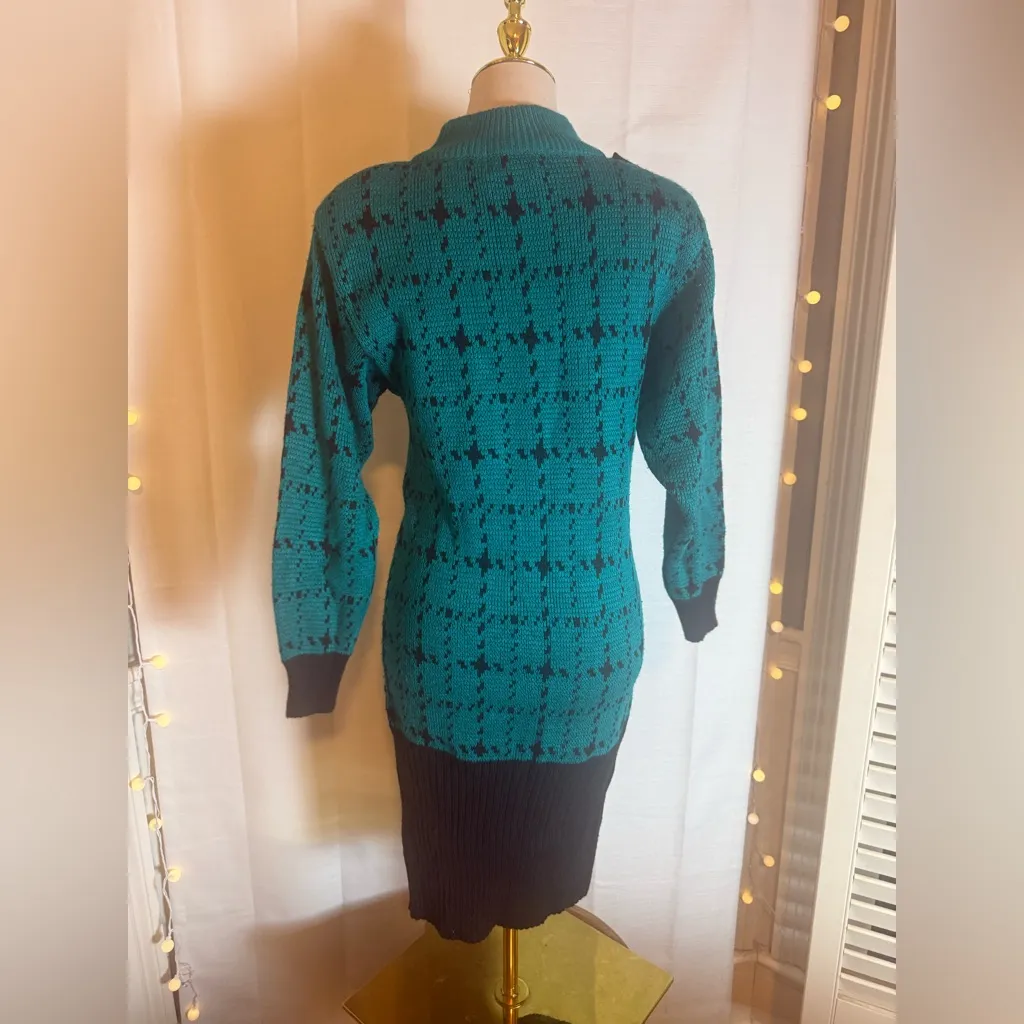 Milano Vintage Knit Sweater Dress Teal Black Asymmetrical Button M 80s 90s Blue Size M - Image 2