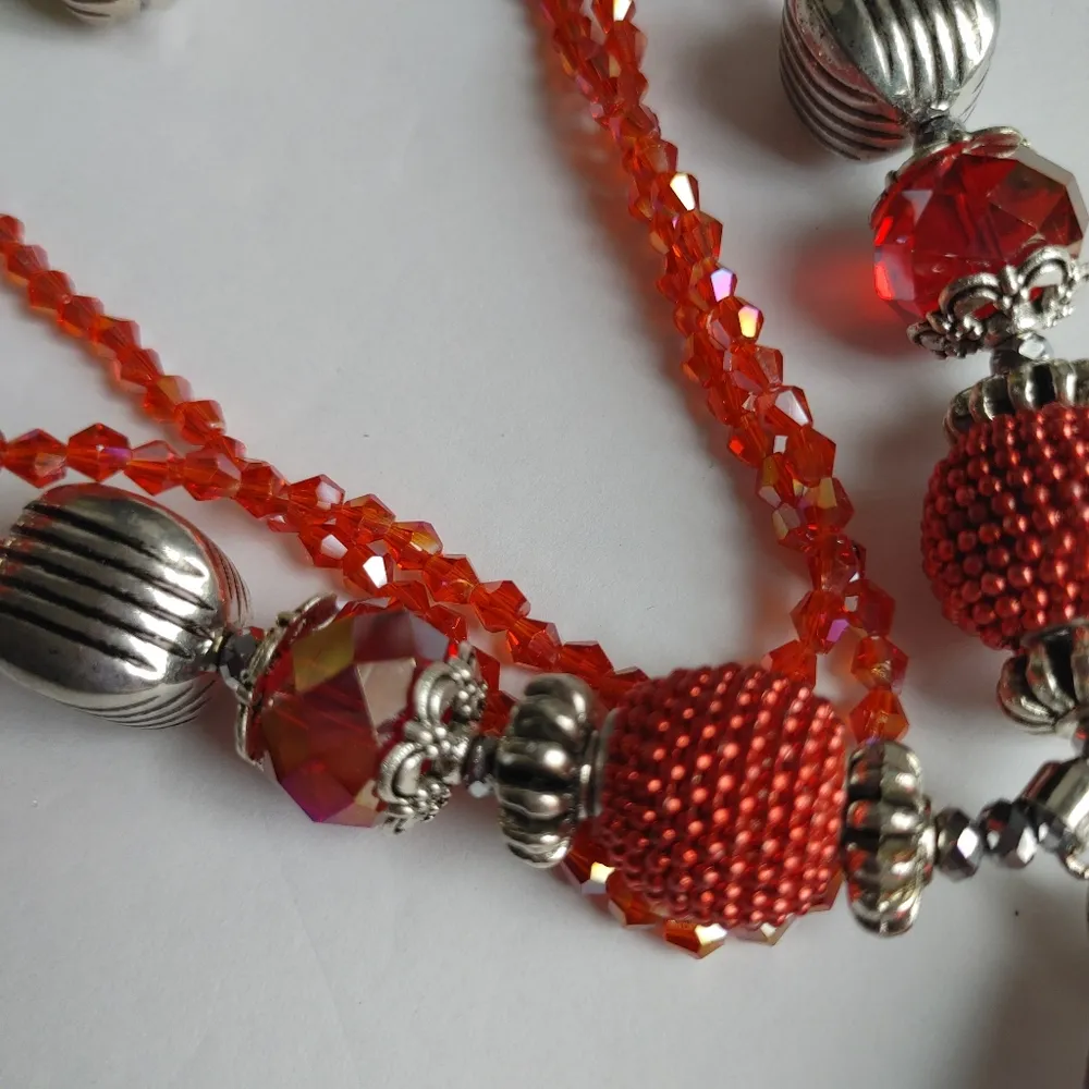 Silver Orange Red Large Teardrop Pendant Necklace - Image 3