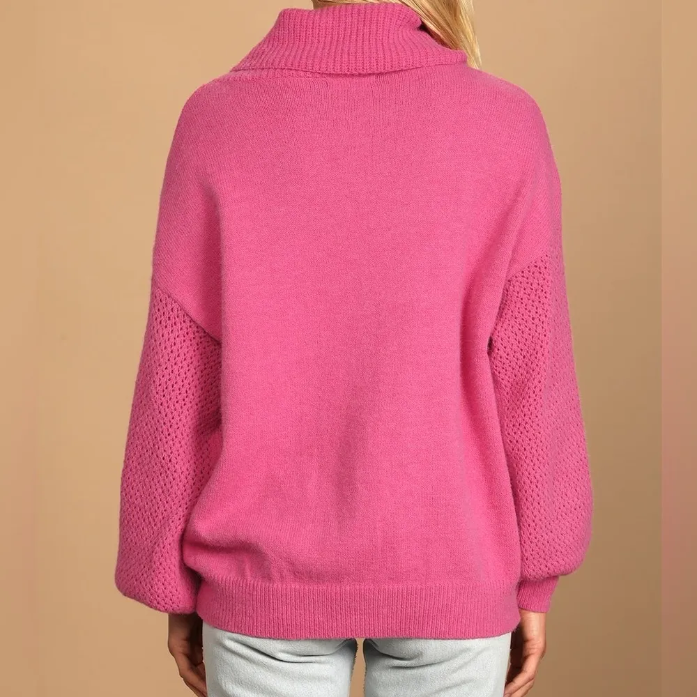 Lulus Committed To Cozy Hot Pink Cowl Neck Sweater Size XS - Image 2