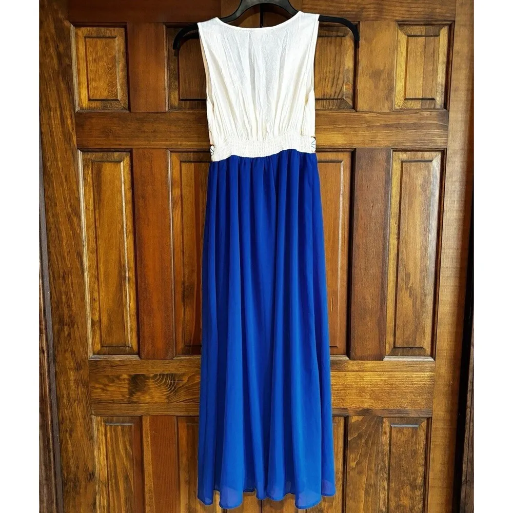 Flying Tomato Maxi Dress Women's Size Small Embroidered Blue Ivory Chiffon - Image 3