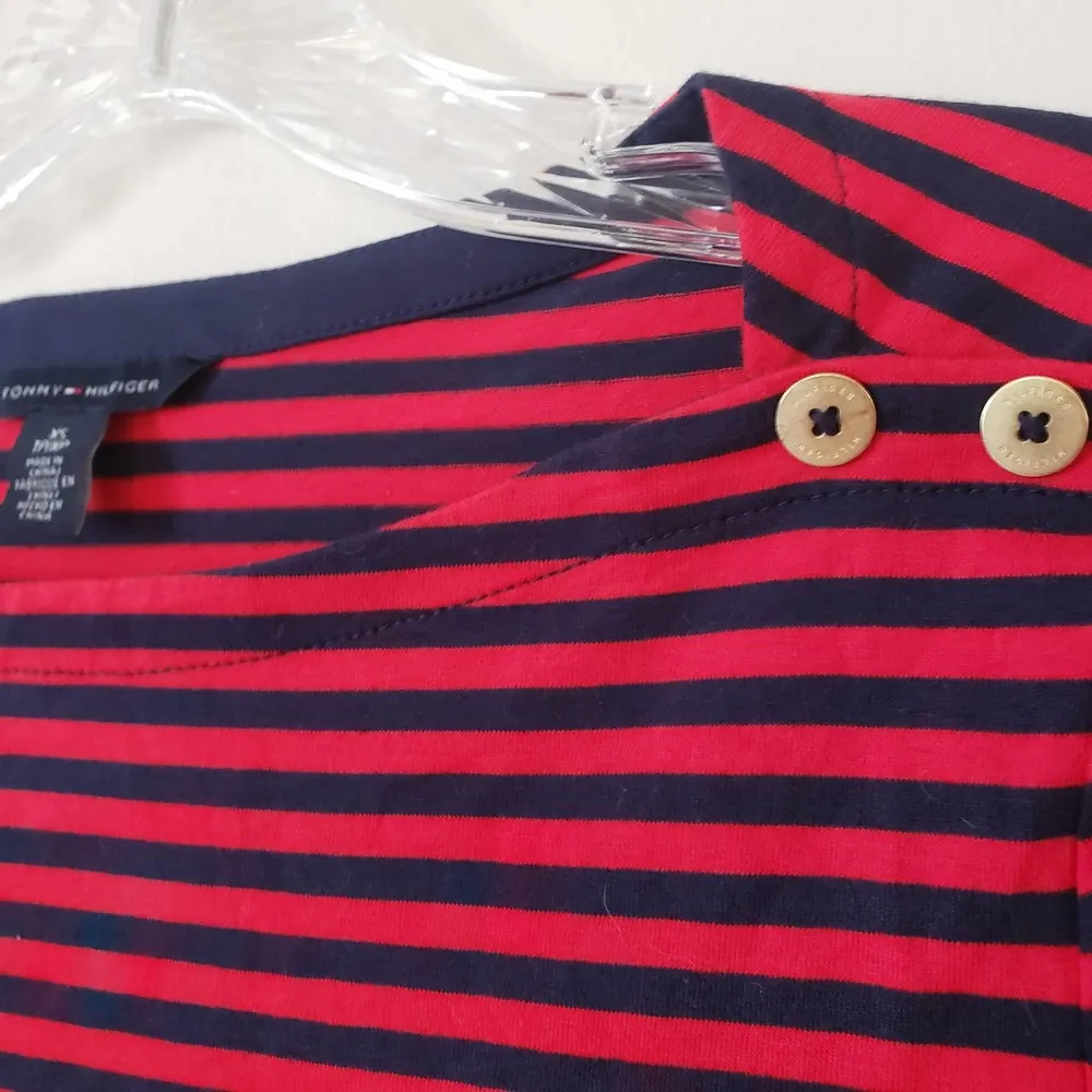 Tommy Hilfiger Boatneck Top Navy Blue & Red Gold Button Shoulders Size XS - Image 3