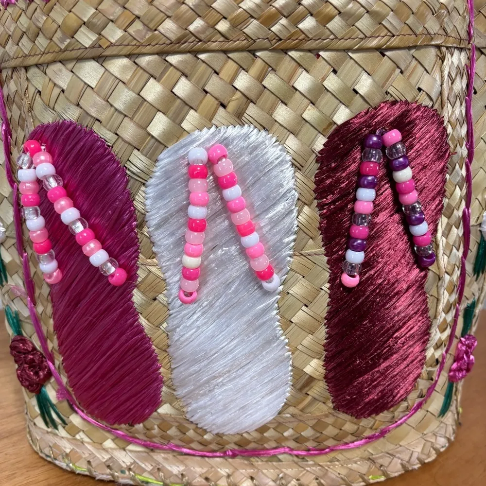 Handmade Vintage Multicolor  Lined Straw Bag W/ Beaded Flip Flops - Image 2