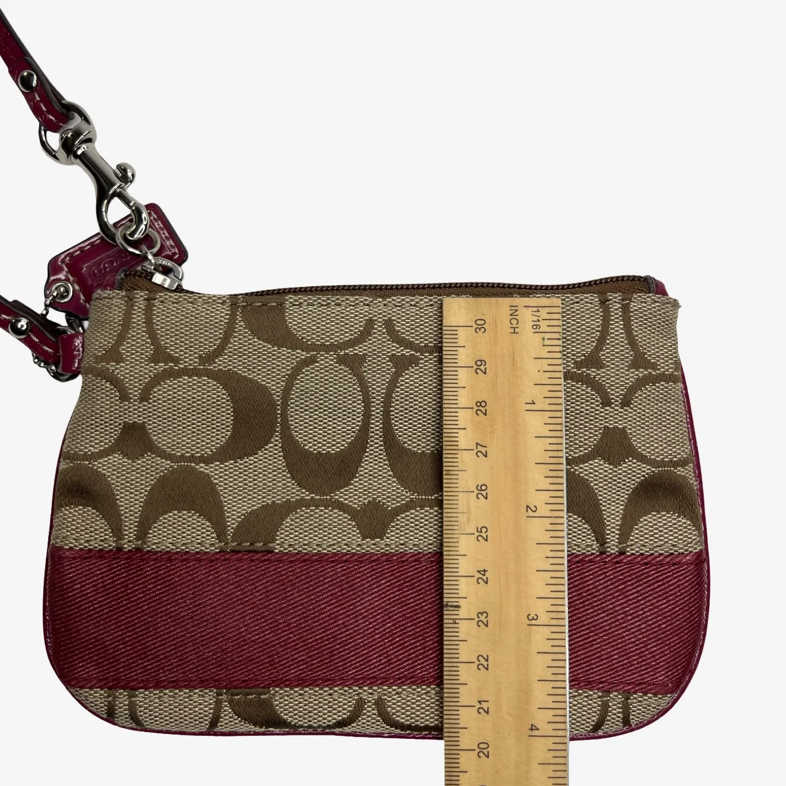 Coach Signature Canvas Wristlet Burgundy Patent Trim Small Pouch Bag - Image 14