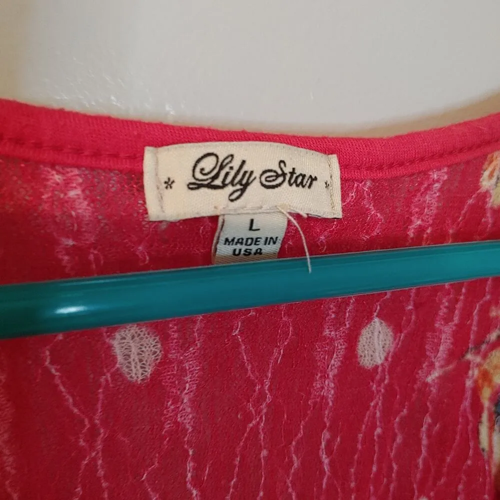Lily Star Size Juniors Large REd Stretchy Sheer Floral Tank Top Polka Dot Summer - Image 5