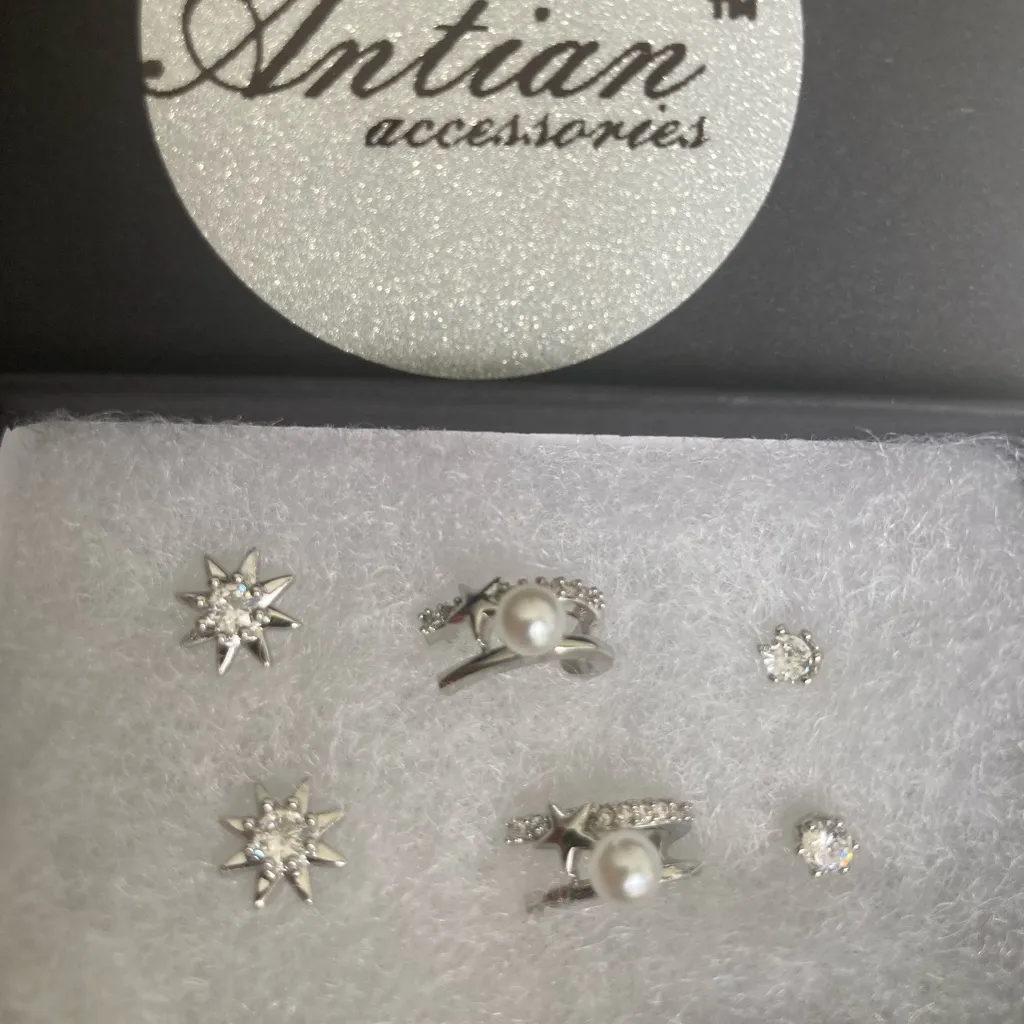 Antian Accessories™ 3 Pair Earring Set Pearl Hoops Star Zircon Studs CZ Silver - Image 2