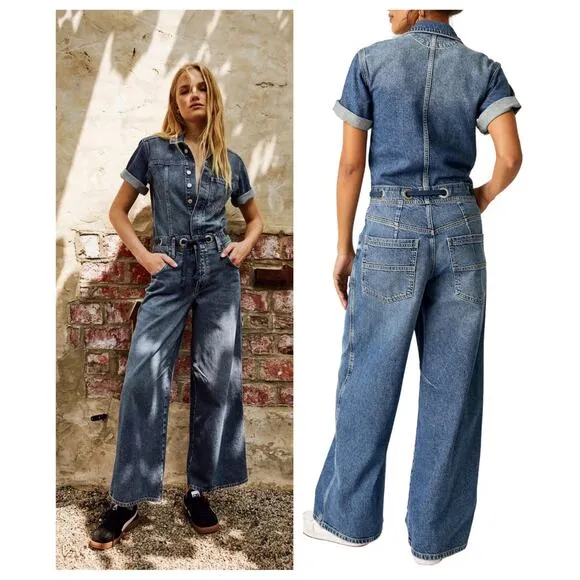 Free People Edison Wide Leg Denim Jumpsuit Size Medium - Image 2