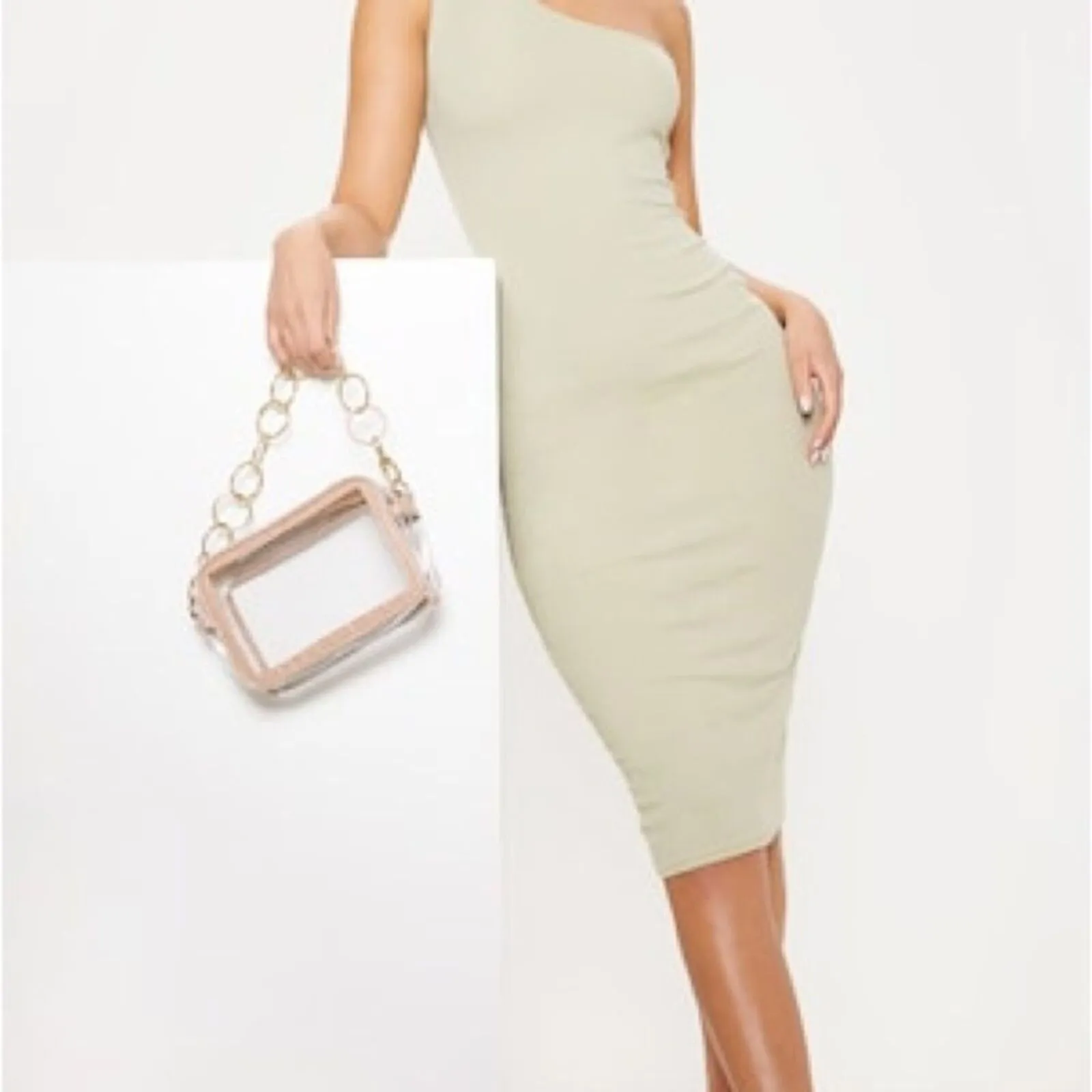 Pretty Little Thing Sage Green Rib Knit One Shoulder Dress Womens 6 NEW - Image 9