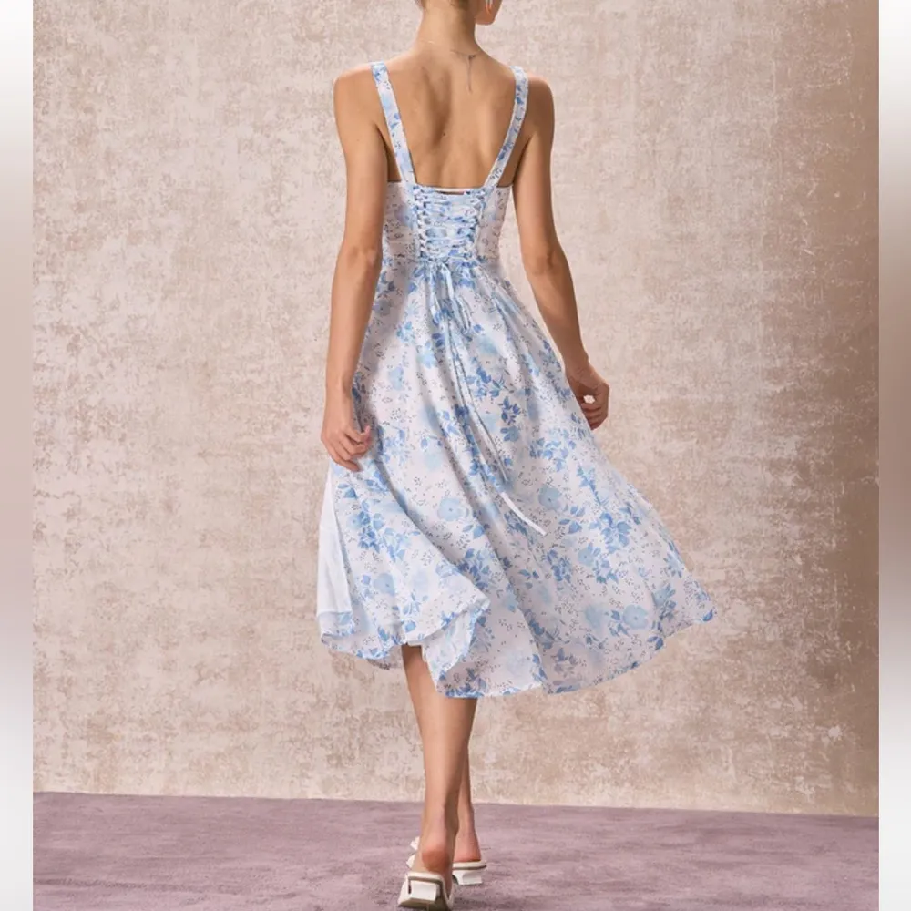Rihoas Blue Square Neck Floral Ruched Midi Dress, Size M,NWT Size L - Image 5