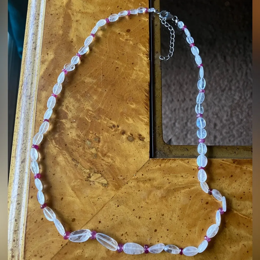 Natural Rainbow Moonstone Ruby Sterling Silver Beaded Necklace - Image 3