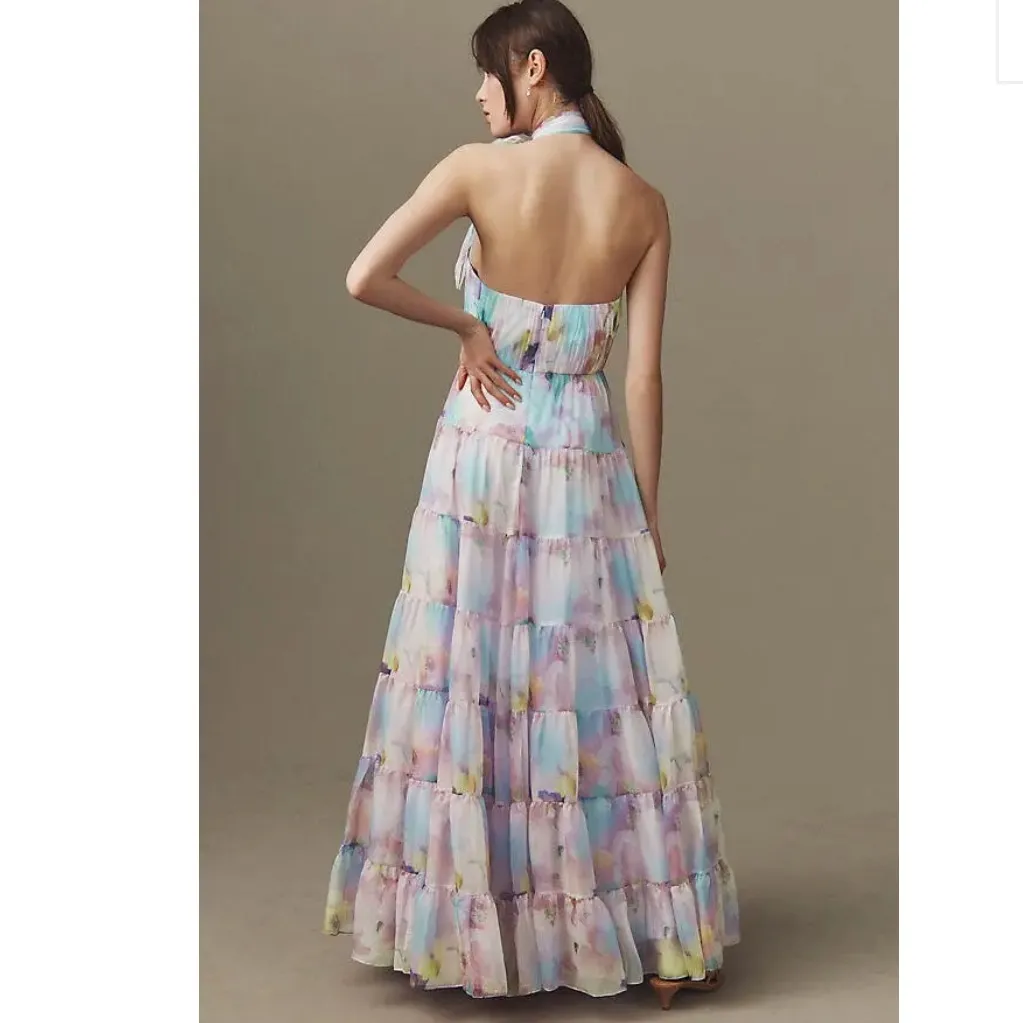 NWT Mac Duggal Floral Print Asymmetrical Halter Neck Tiered Gown - Image 2