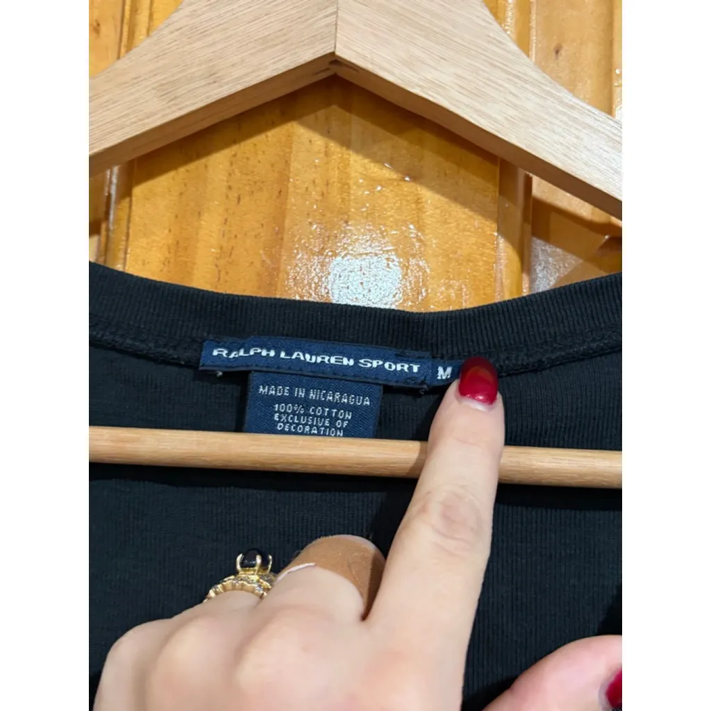 Ralph Lauren Sport V Neck Tee M Black Purple Pony Logo 100% Cotton Casual Top - Image 3