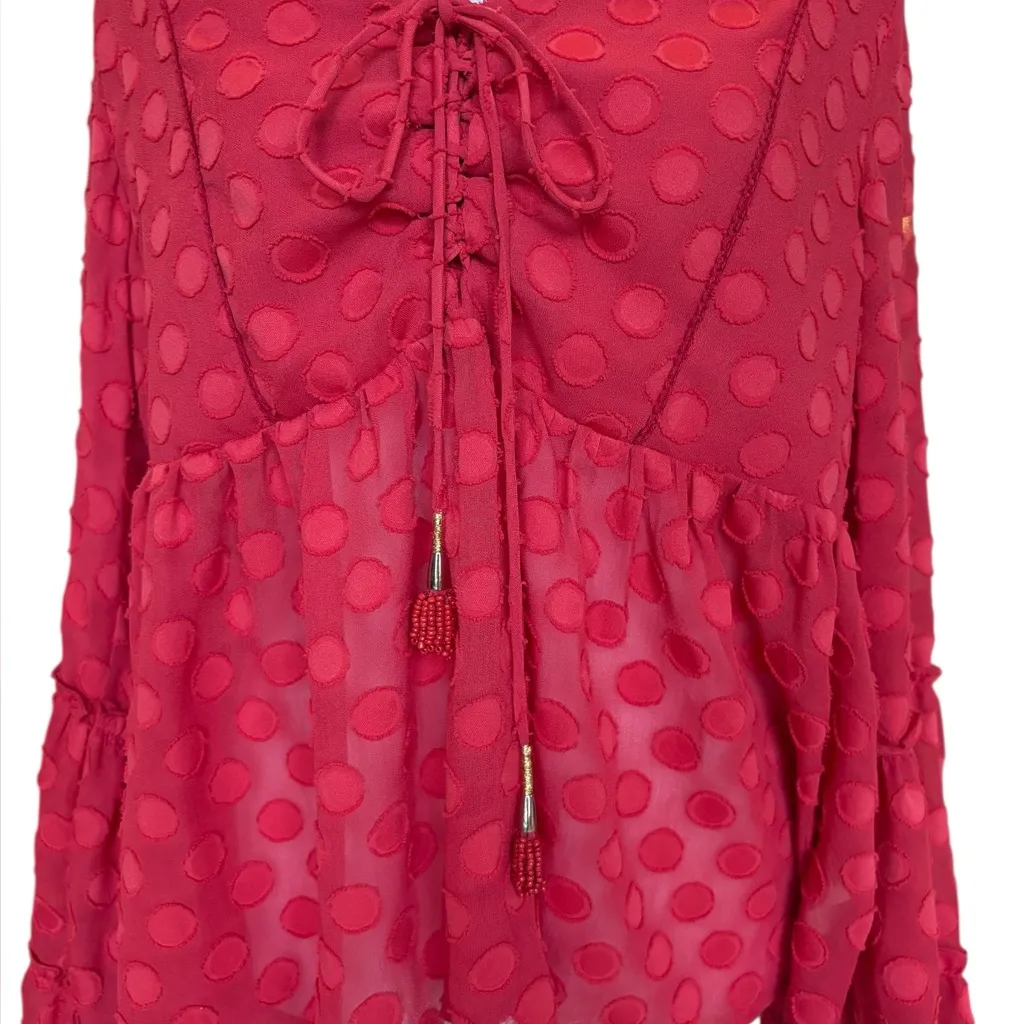 Soft Surroundings Besito Blouse Red Polka Dot Bell Sleeve Womens Medium NEW - Image 7