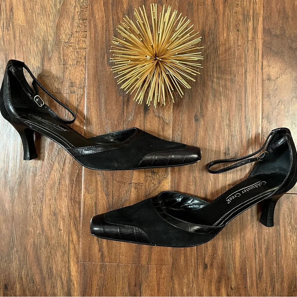 Black Suede and Leather Trim Pointed Toe Ankle Wrap Shoes Coldwater Cree… - Image 2