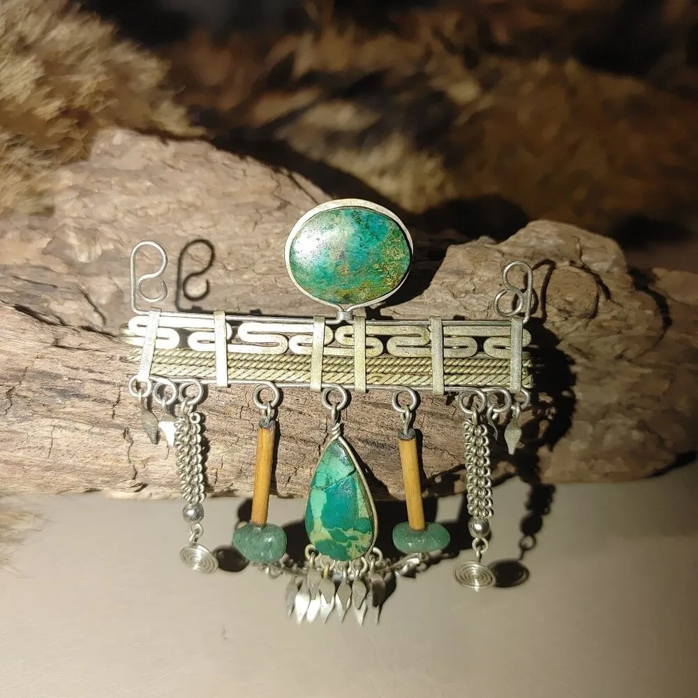Artisan Brooch articulatingVintage Middle Eastern Silver Turquoise Ethnic Dangle - Image 11