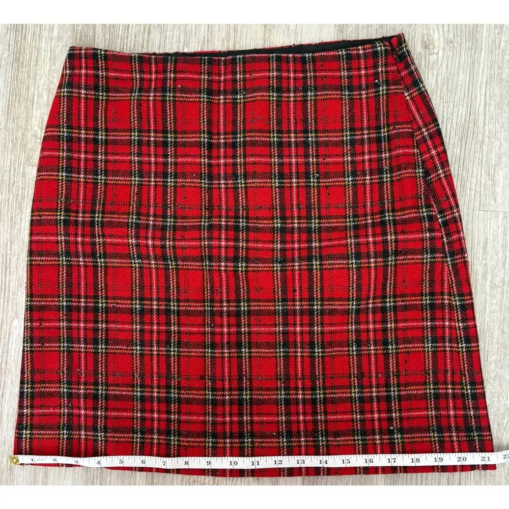 TALBOTS PETITE | Women's Plaid Sequin Wool Blend Straight Pencil Mini Skirt | 8P - Image 5