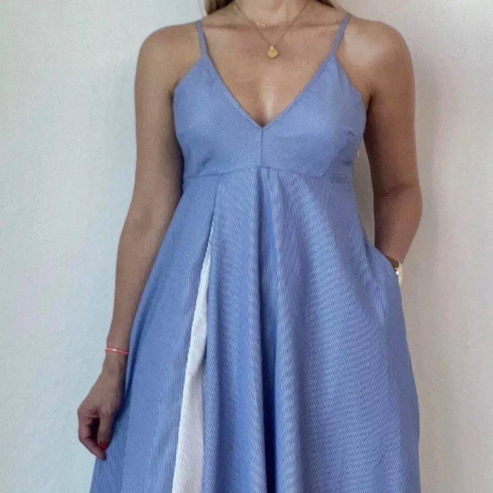 Zara Poplin Pinstripe Blue Midi Dress Pockets Sz M - Image 6