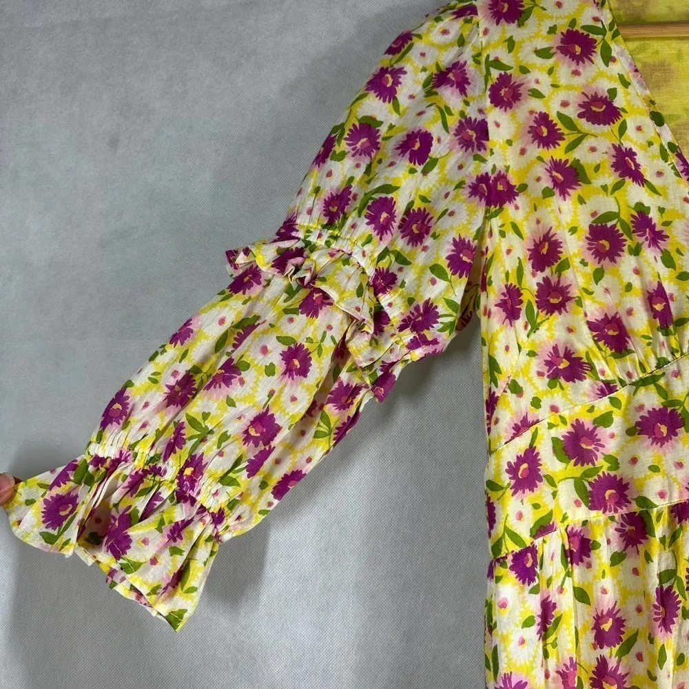 Banjanan Aubree Cottagecore Flower Ditsy vibrant Yellow Midi Dress Size Medium - Image 6