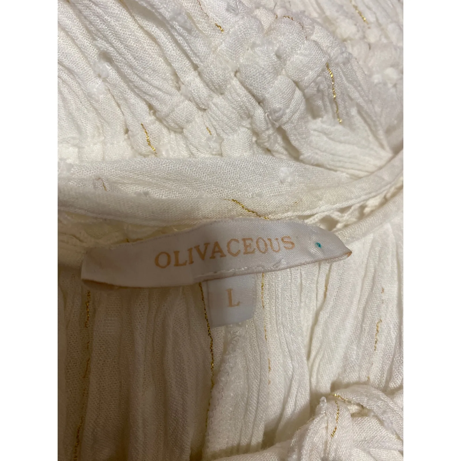 Olivaceous Cream Half Sleeve Peasant Tiered Swiss Dot Tie Maxi Blouson Dress L - Image 4