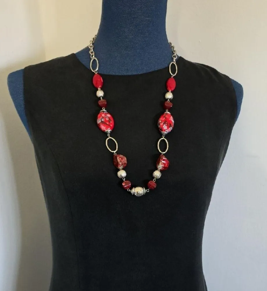 Silver with Red Art Glass and Acrylic Beads Long Necklace - Image 7