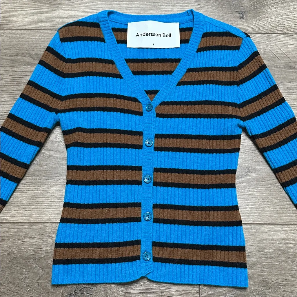 Andersson Bell Ribbed Striped Wool Blend Long Sleeve Cardigan Blue Brown Small - Image 7