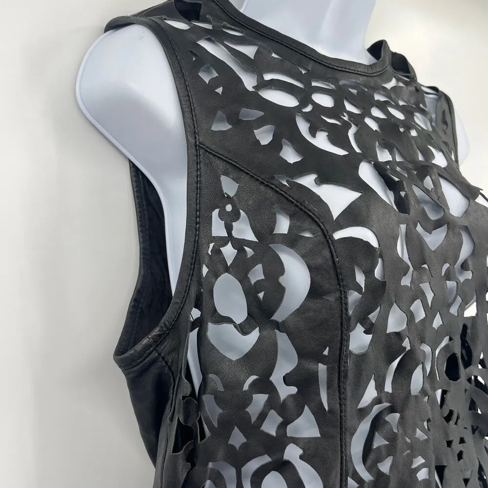 Topshop Leather Laser Cut Womens Top Sz 6 Black Edgy Festival Y2K Boho Rocker - Image 4